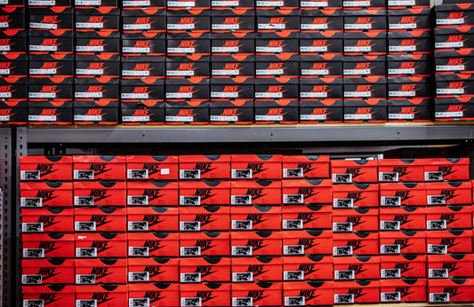 Shelves full of Nike and Jordan shoes. 