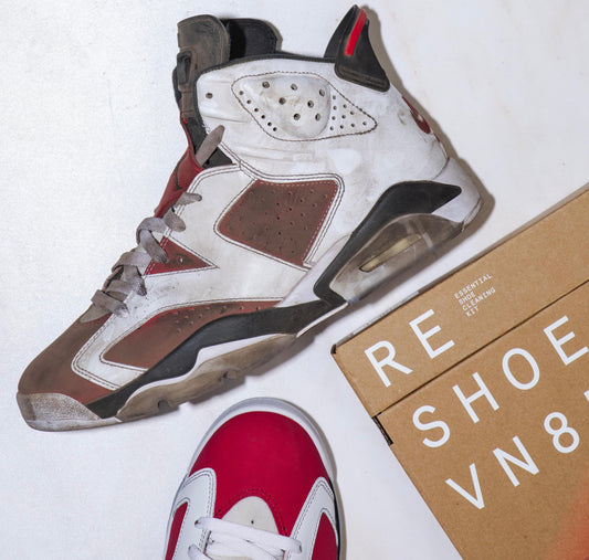 This pair of Carmine Jordan 6s was brought back to life with the Reshoevn8r Essential sneaker cleaning kit. 