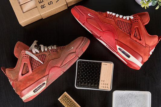 Before and after of "Brick By Brick" Jordan 4 cleaned with Reshoevn8r Essential Kit