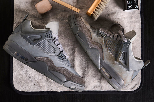 Air Jordan 4 Wet Cement sneaker with visible dirt and wear before cleaning