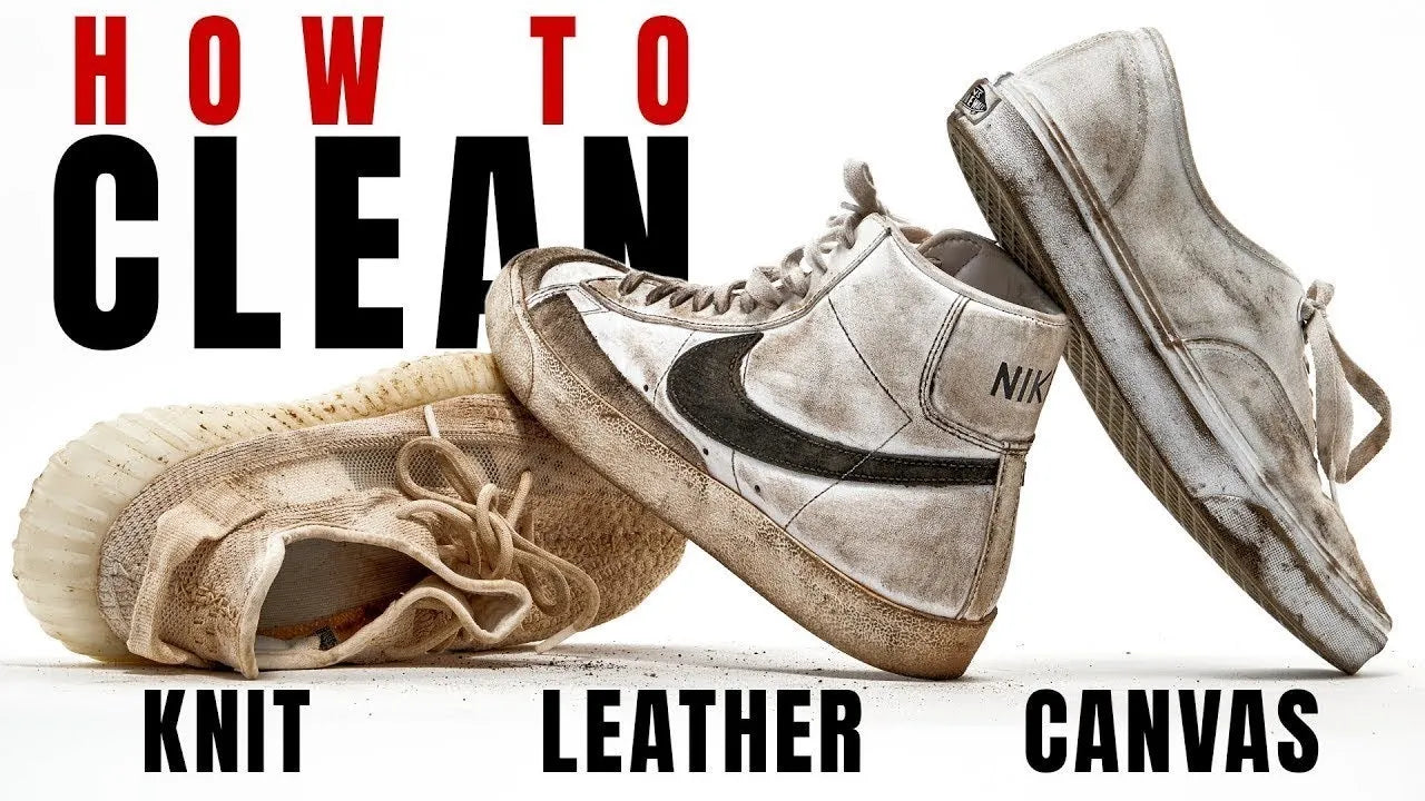 Load video: Video on how to clean knit, leather, or cavas sneakers.